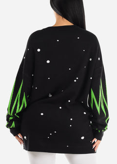 Long Sleeve Black Graphic Print Tunic Sweater