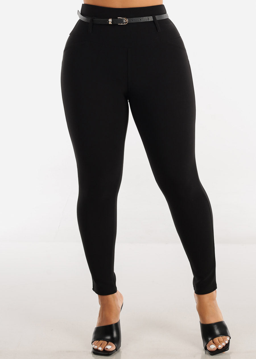 High Waist Butt Lifting Ankle Length Skinny Pants with Belt