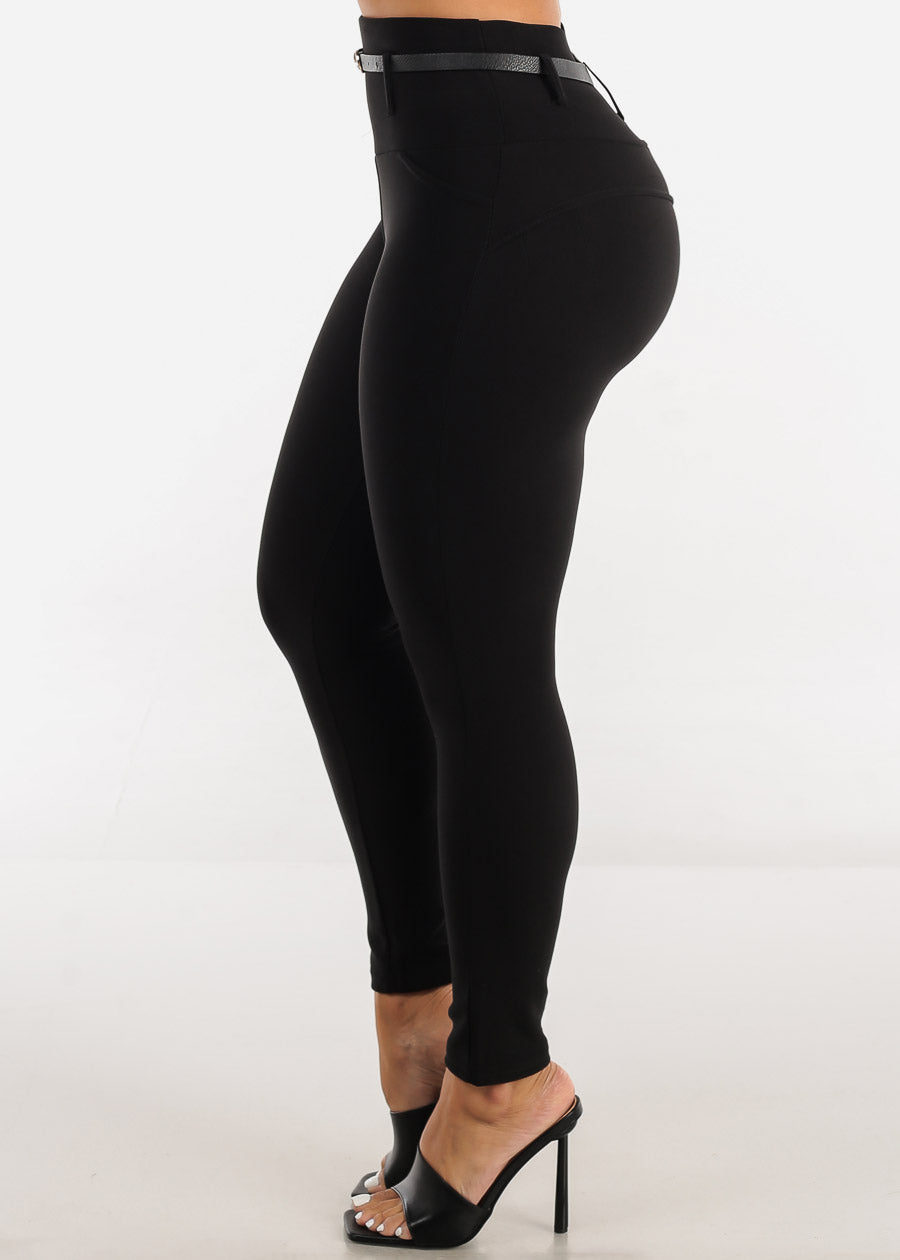 High Waist Butt Lifting Ankle Length Skinny Pants with Belt