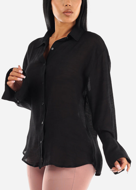 Black Long Sleeve Lightweight Button Up Shirt