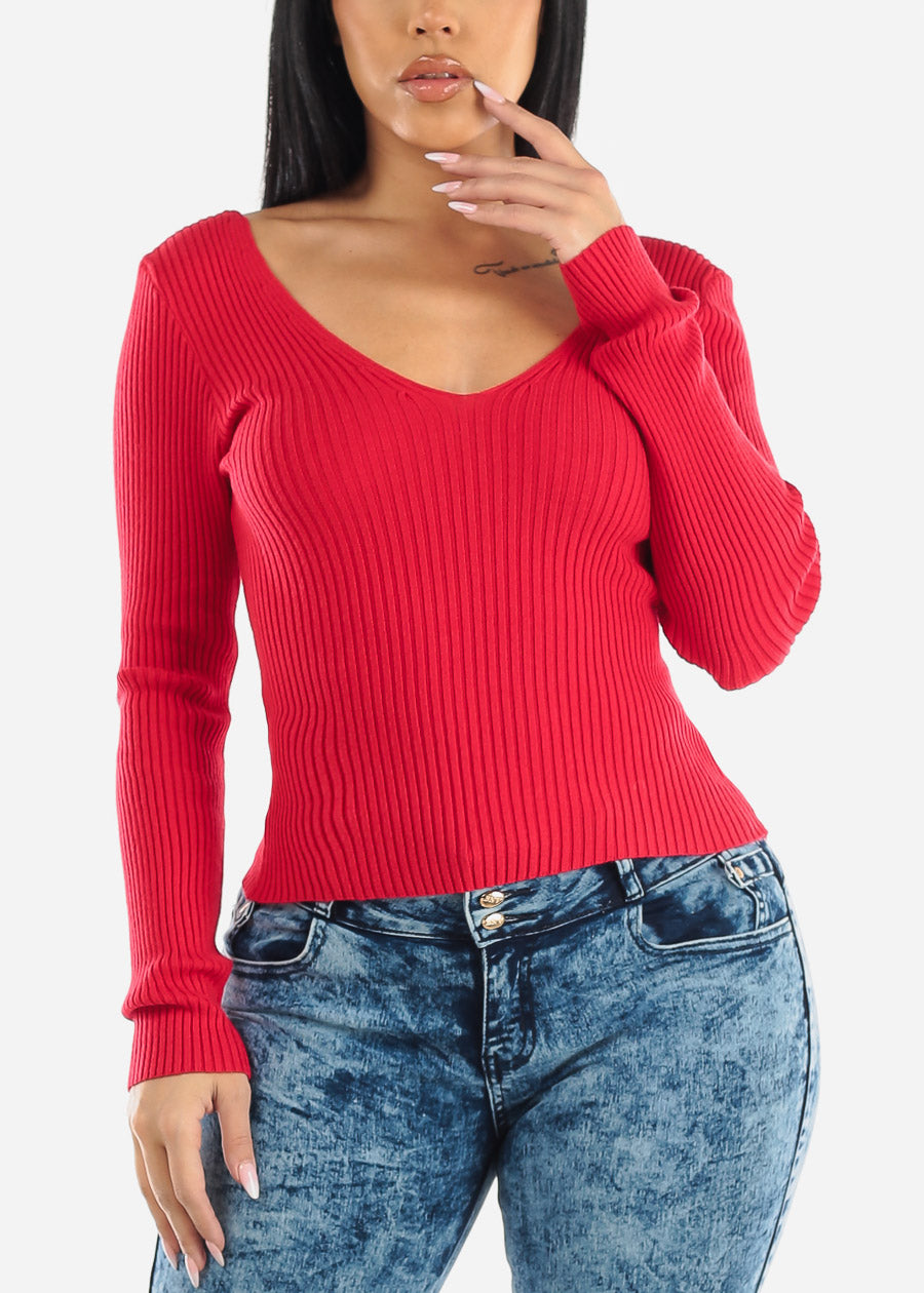 Long Sleeve V-Neck Sweater Top Red