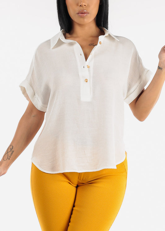 White Cap Sleeve Blouse w Front Half Placket