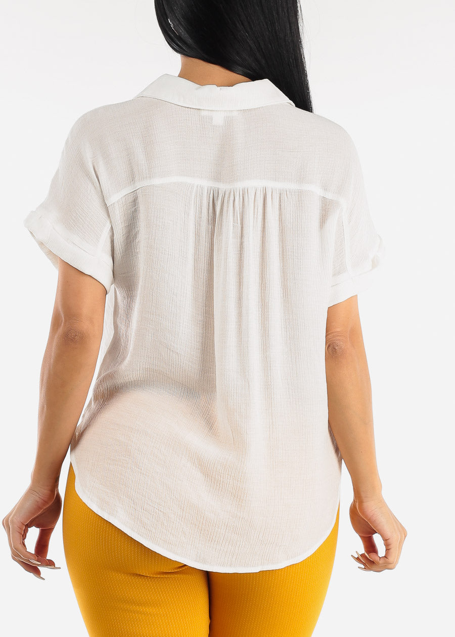 White Cap Sleeve Blouse w Front Half Placket