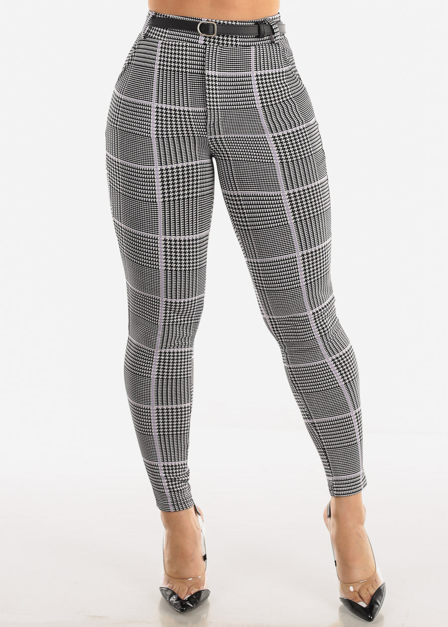 Butt Lifting High Waist Plaid Skinny Pants w Belt