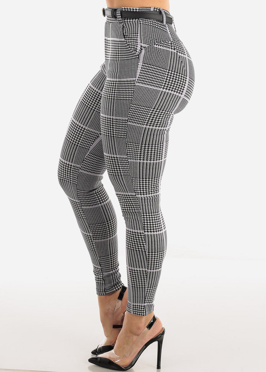 Butt Lifting High Waist Plaid Skinny Pants w Belt