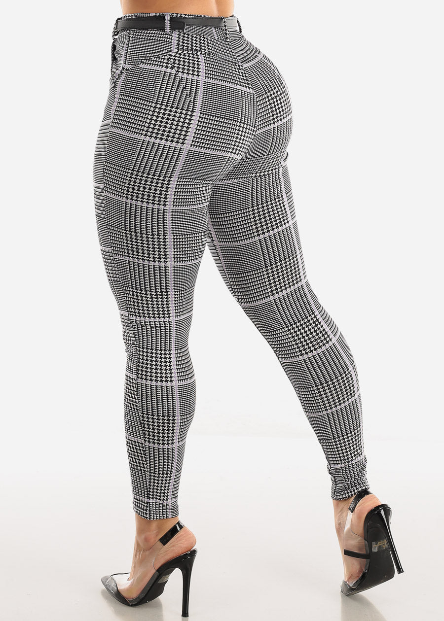 Butt Lifting High Waist Plaid Skinny Pants w Belt