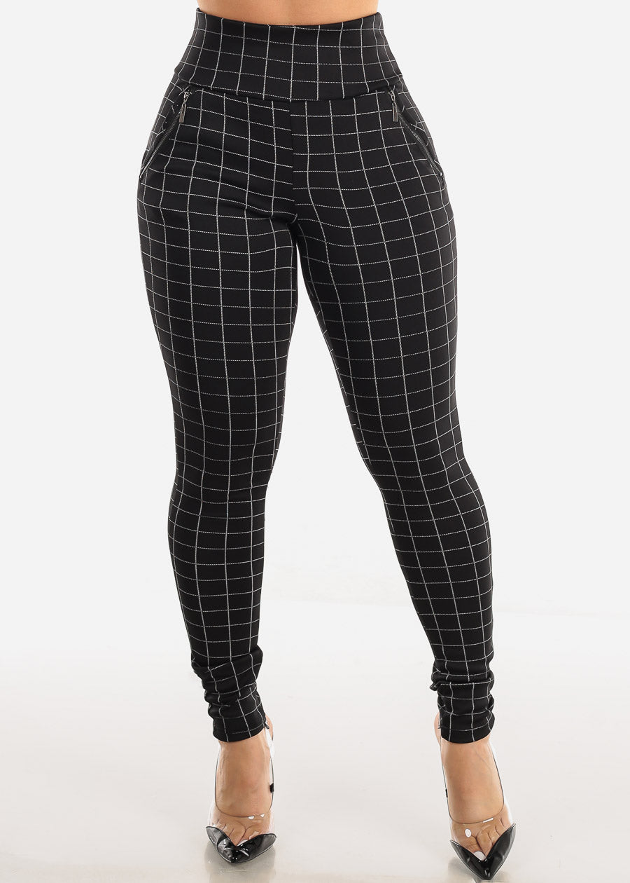 High Waist Butt Lift Black Windowpane Skinny Pants