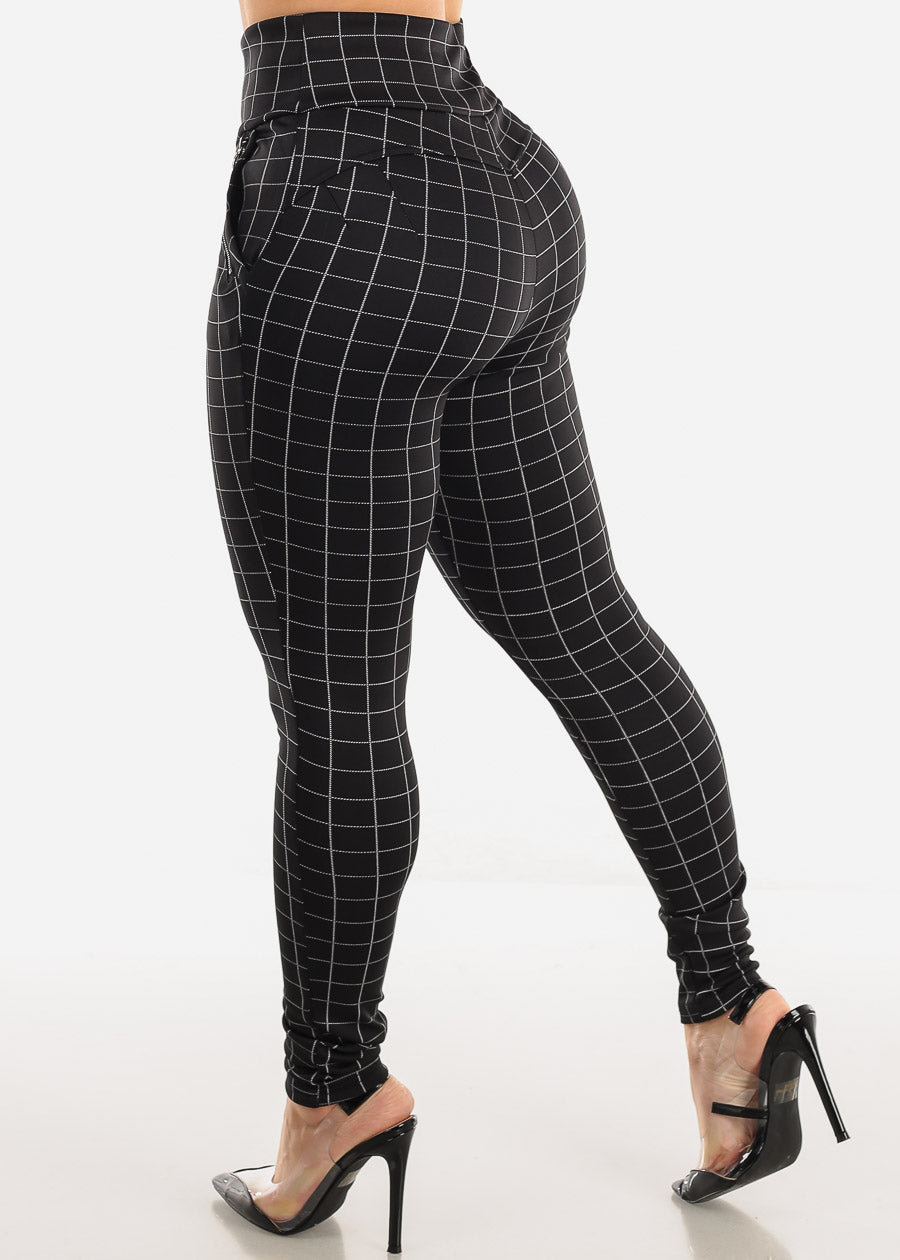 High Waist Butt Lift Black Windowpane Skinny Pants