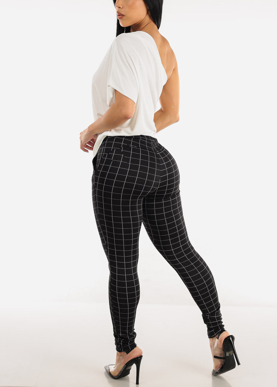 High Waist Butt Lift Black Windowpane Skinny Pants