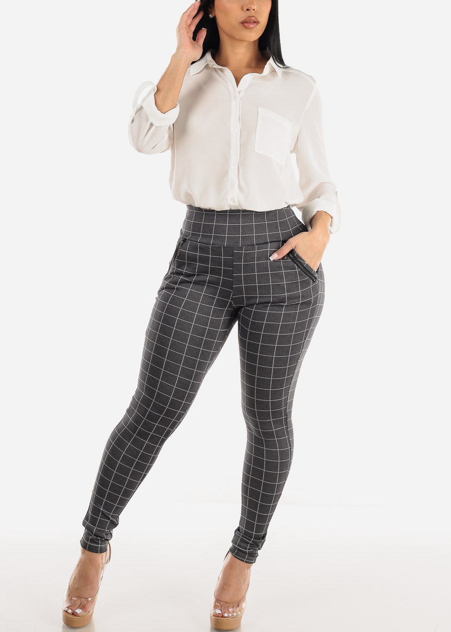 High Waist Butt Lift Grey Windowpane Skinny Pants