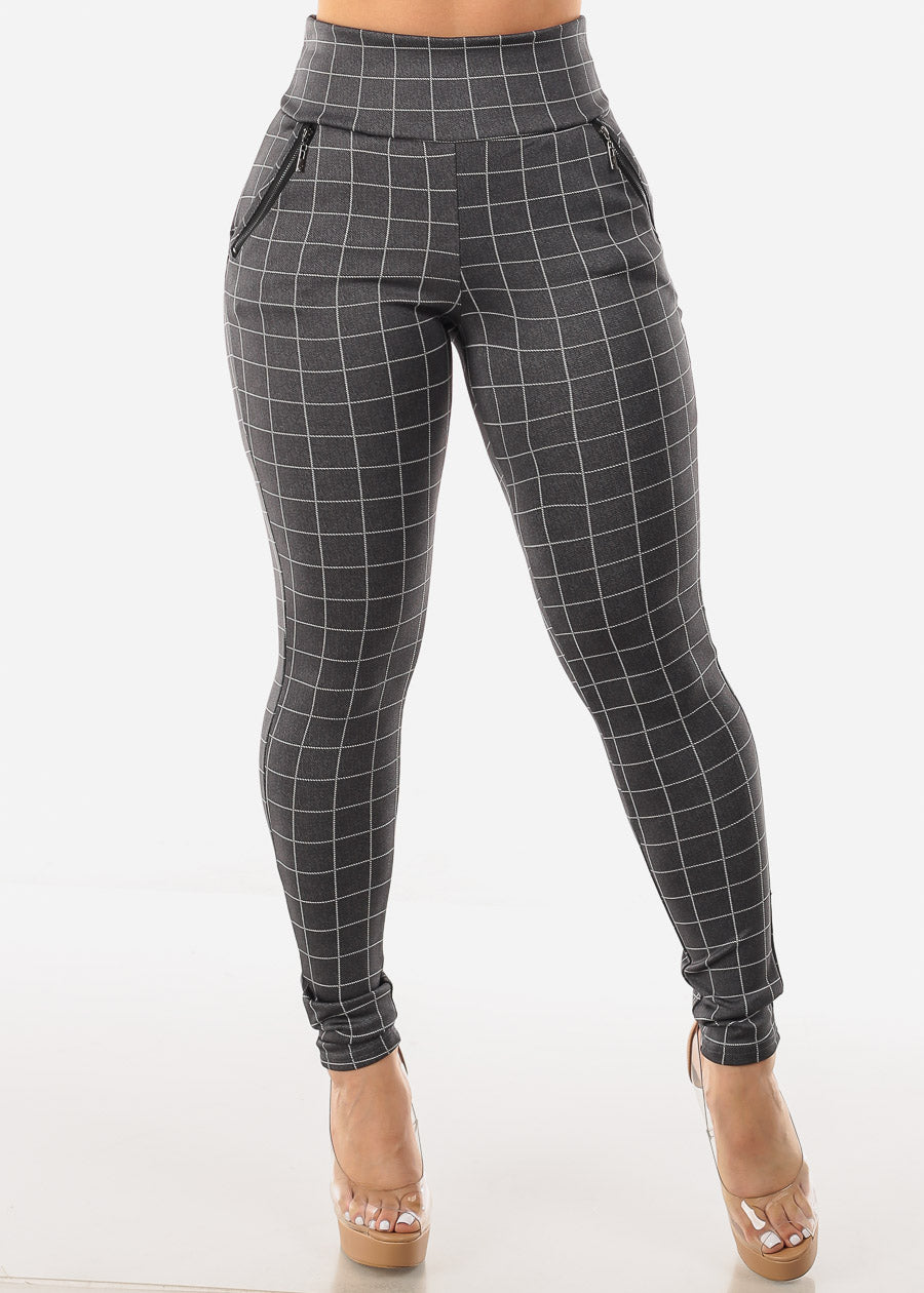 High Waist Butt Lift Grey Windowpane Skinny Pants