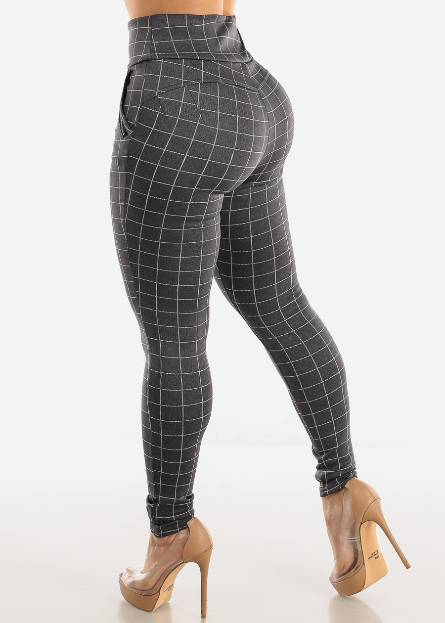 High Waist Butt Lift Grey Windowpane Skinny Pants