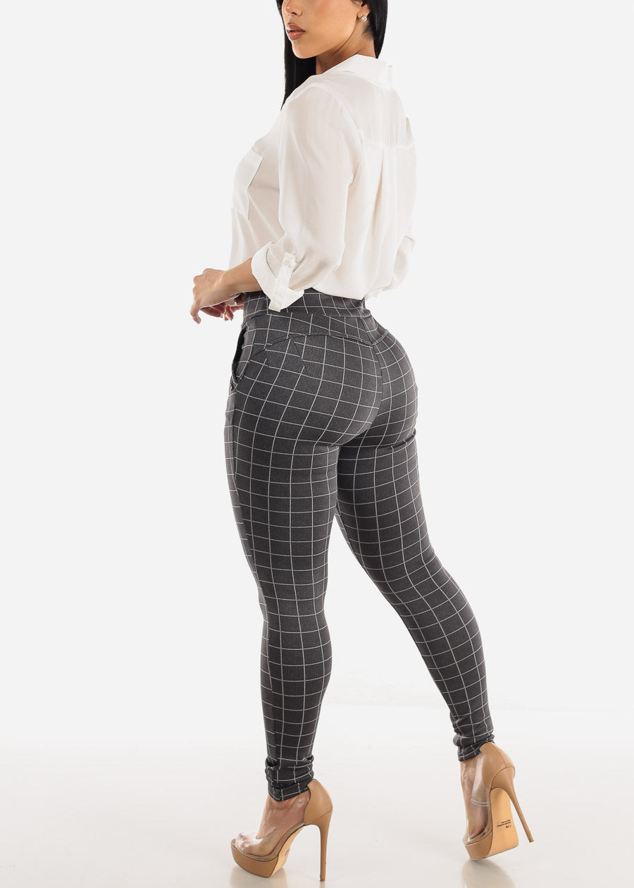 High Waist Butt Lift Grey Windowpane Skinny Pants