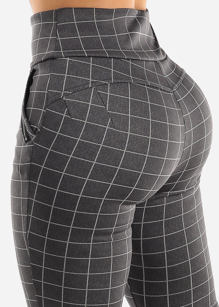 High Waist Butt Lift Grey Windowpane Skinny Pants