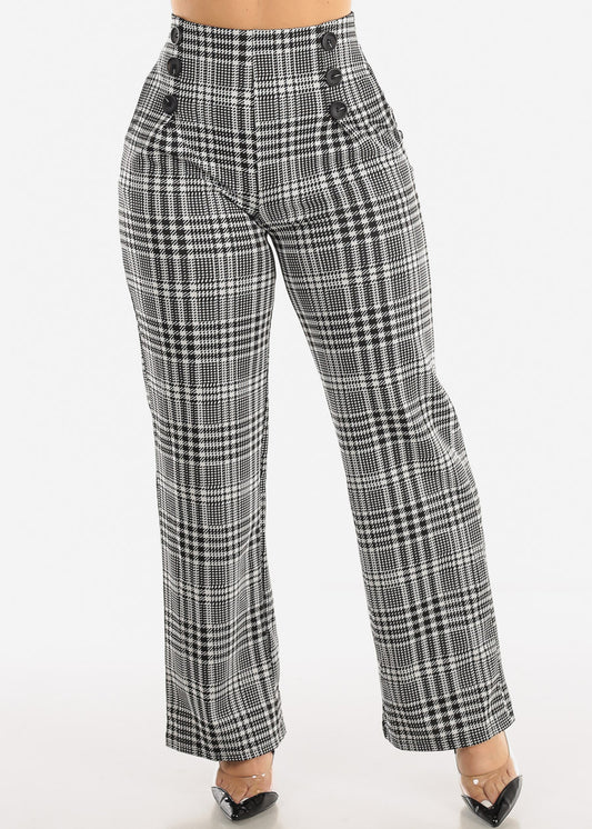 High Waist Plaid Wide Leg Straight Dress Pants B&W