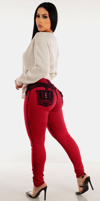 Red Knit Sweater Denim Combo