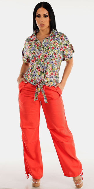 Floral Tie Front Red Linen Outfit