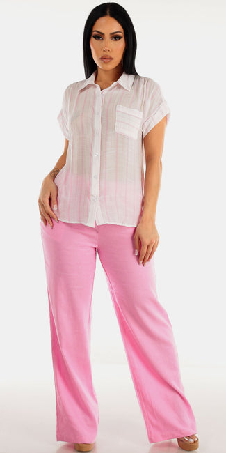 Casual Stripe Pink Linen Set