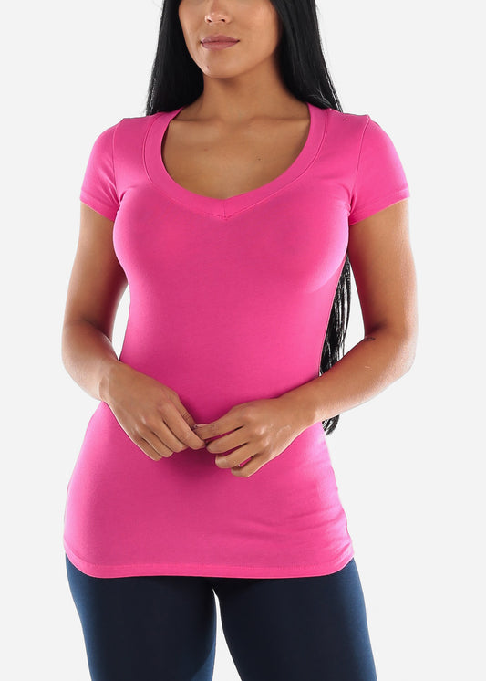 V-Neck Basic T-Shirt (Fuchsia)