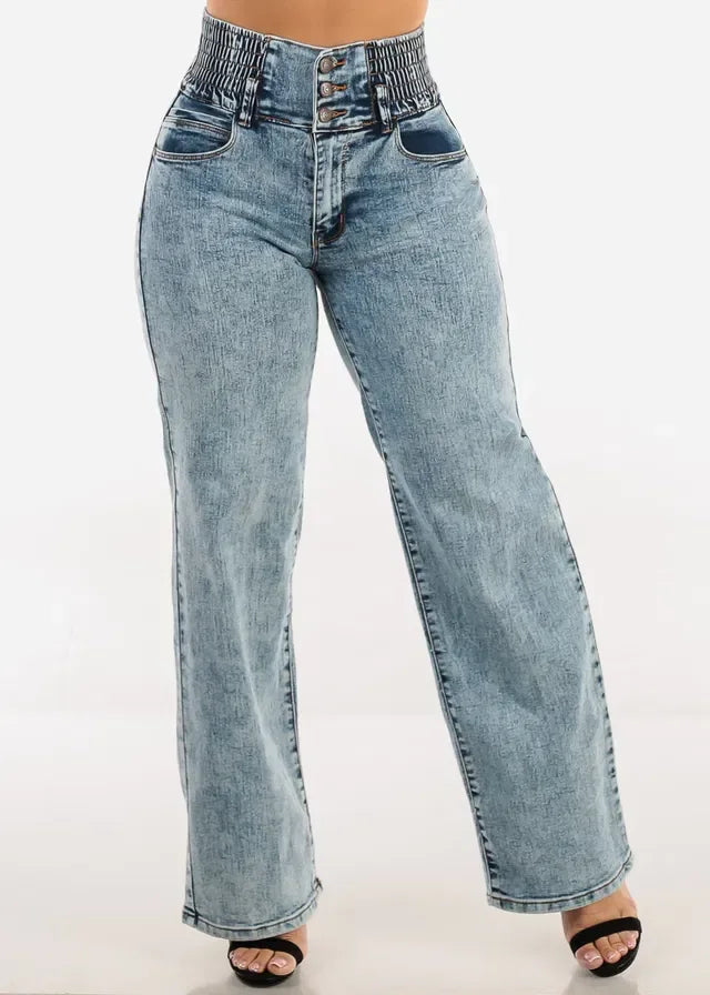 Model wearing spandex waist jeans