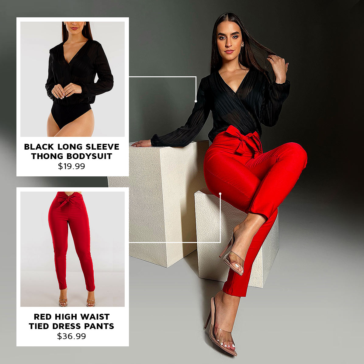 Moda Xpress Full Outfits: Black Long Sleeve Thong Bodysuit & Red High Waist Tied Dress Pants