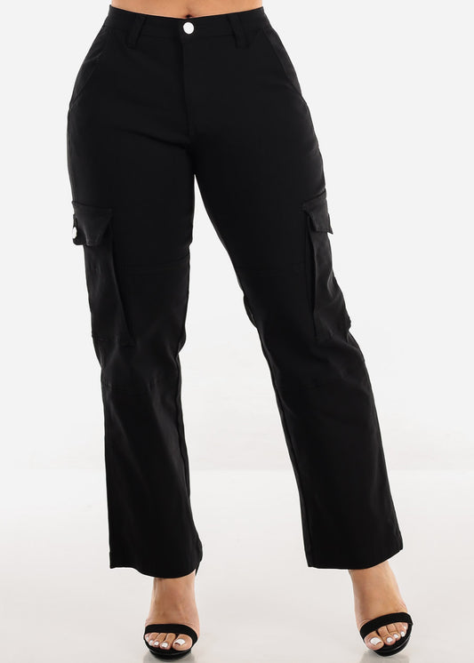 High Waist Hyper Stretch Straight Cargo Pants Black