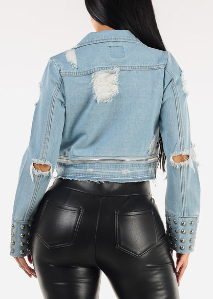 Zip Up Long Sleeve Distressed Moto Denim Jacket Light Wash