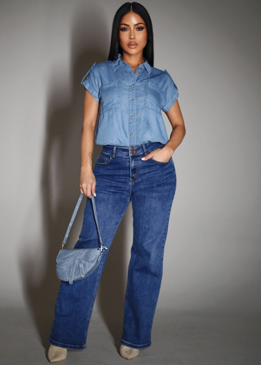 Butt Lift High Waisted Stretch Wide Leg Jeans Dark Wash