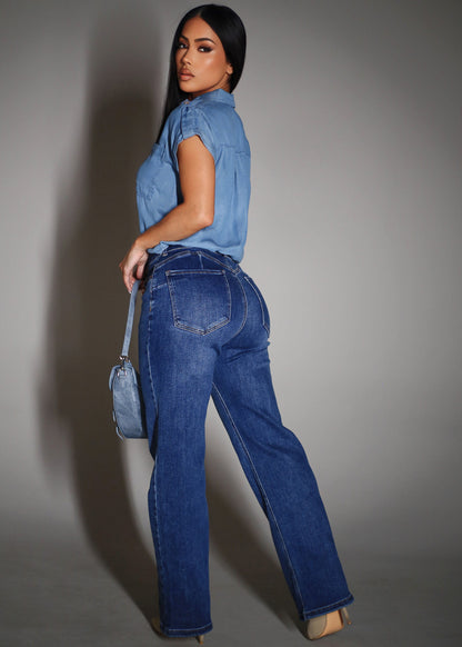 Butt Lift High Waisted Stretch Wide Leg Jeans Dark Wash