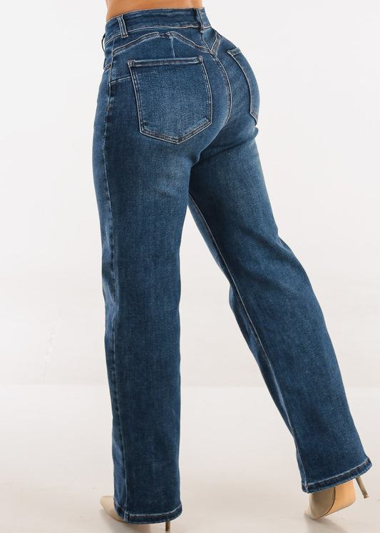 Butt Lift High Waisted Stretch Wide Leg Jeans Dark Wash