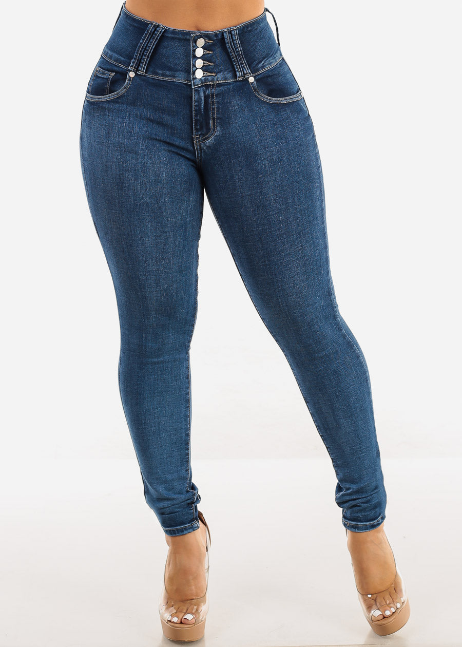 Butt Lift High Waisted Skinny Jeans Dark Bleach Wash