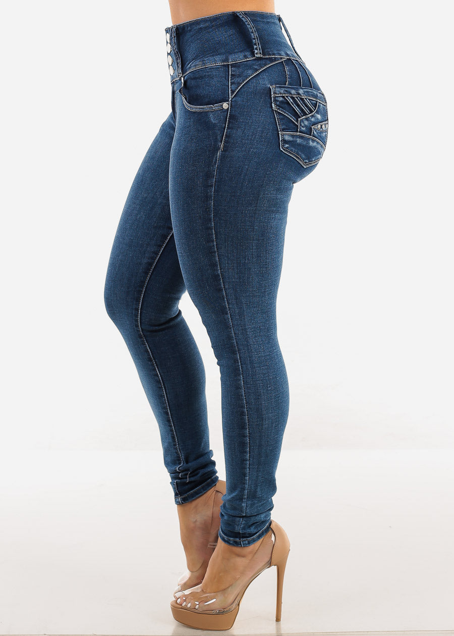 Butt Lift High Waisted Skinny Jeans Dark Bleach Wash