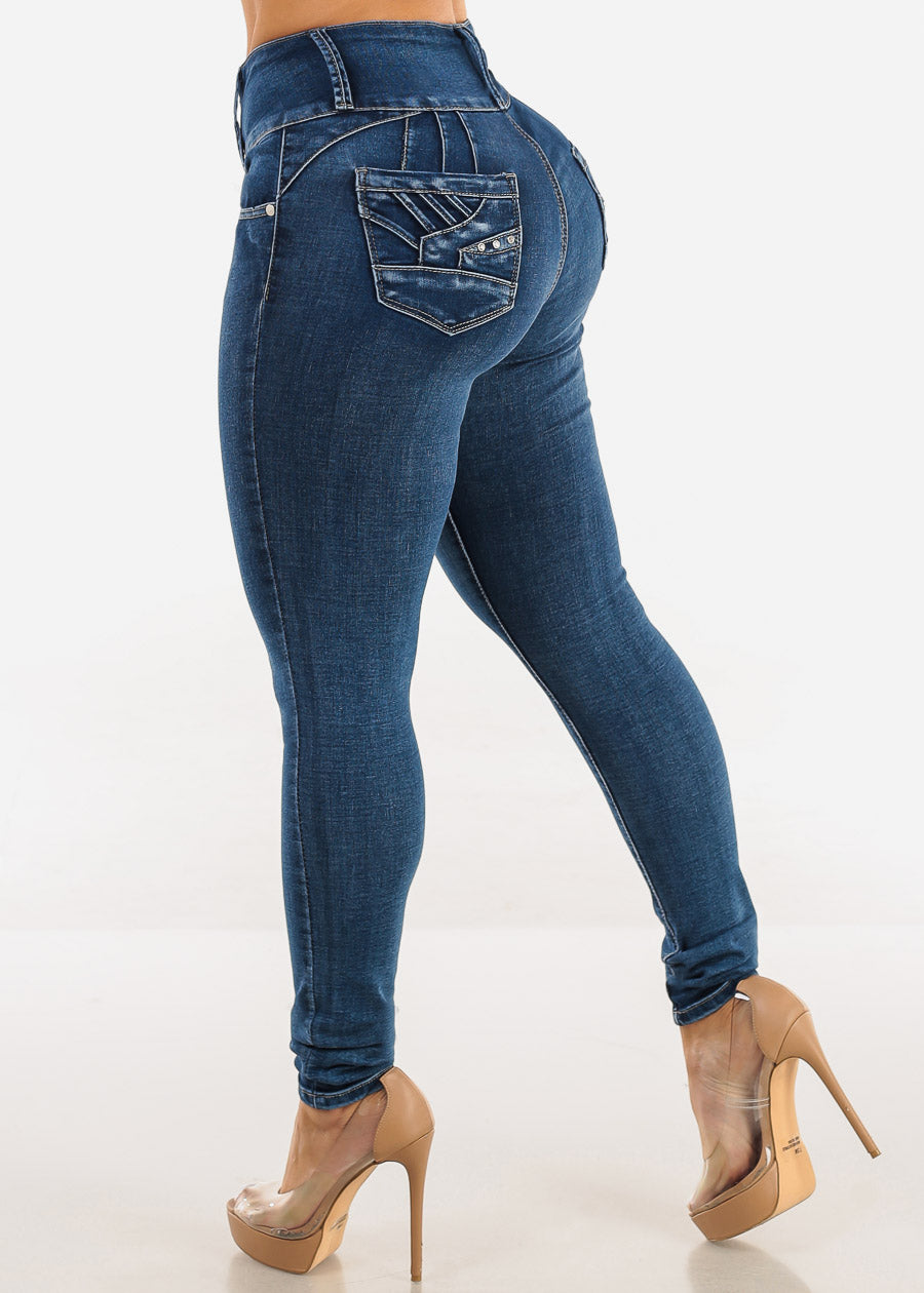 Butt Lift High Waisted Skinny Jeans Dark Bleach Wash