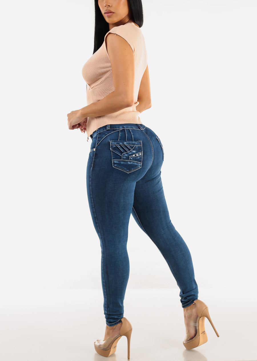 Butt Lift High Waisted Skinny Jeans Dark Bleach Wash