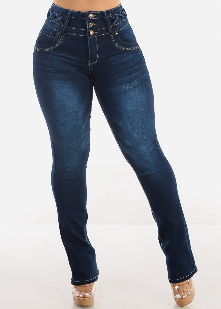 MX JEANS Butt Lift Dark Bootcut Jeans w Lace Up Design