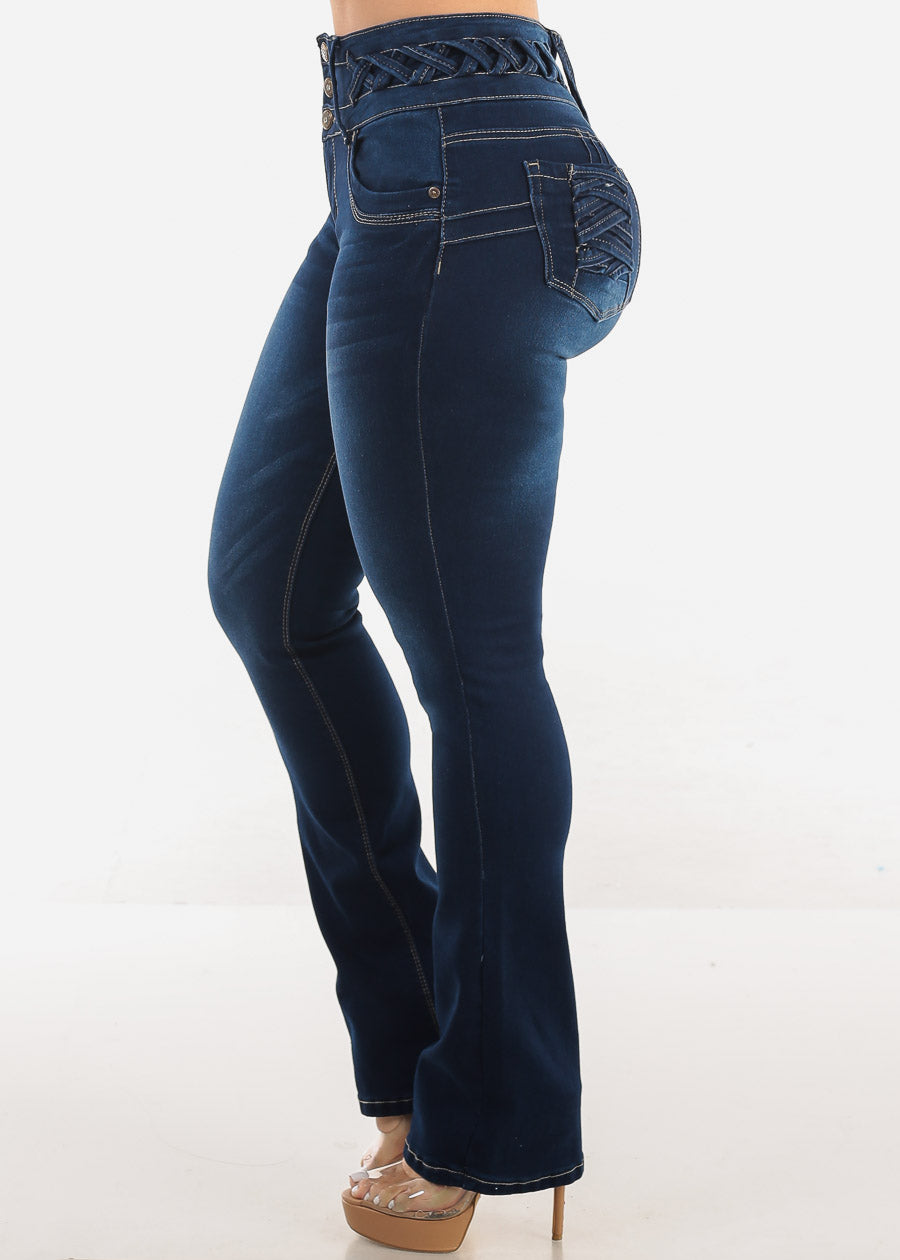 MX JEANS Butt Lift Dark Bootcut Jeans w Lace Up Design