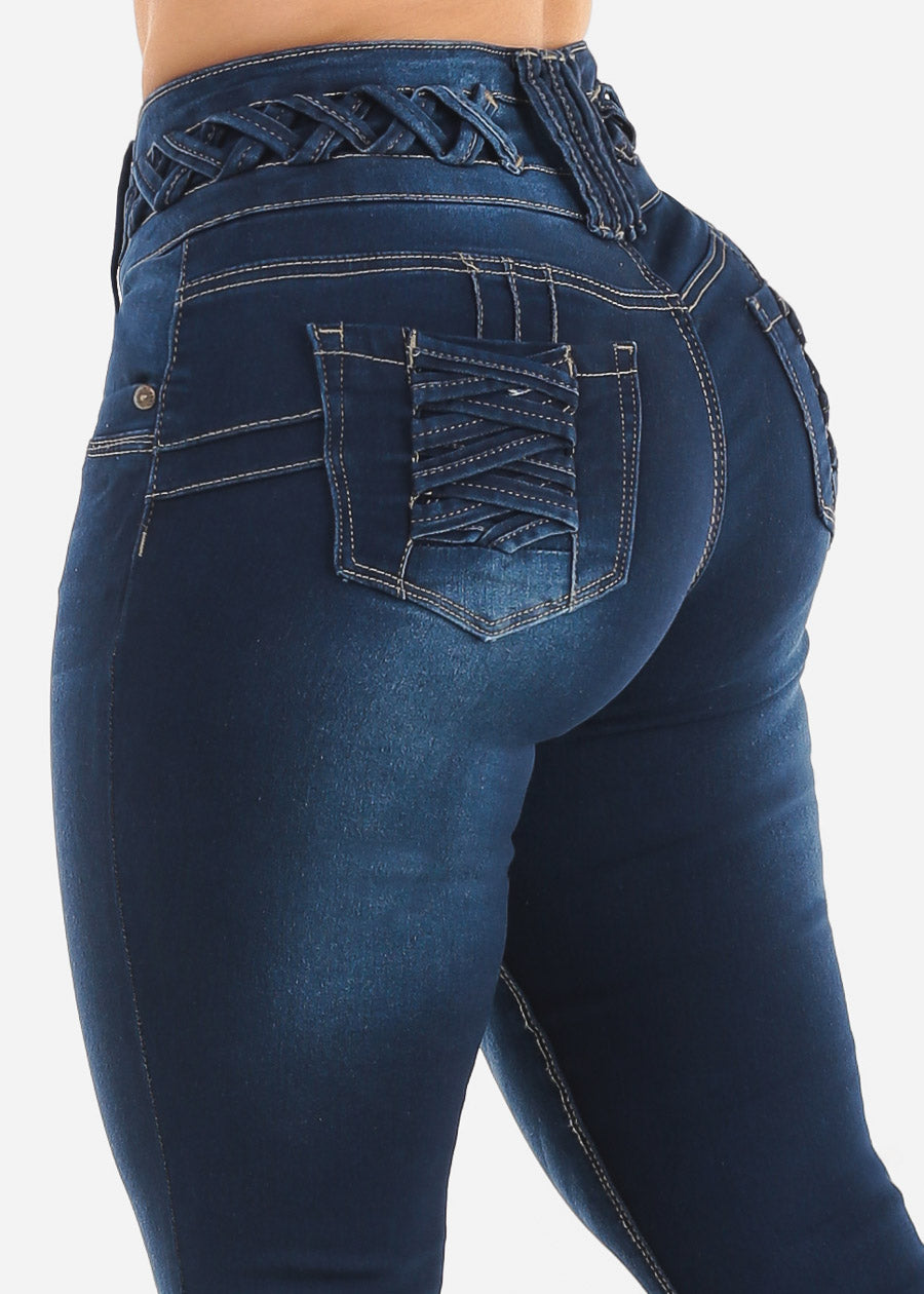 MX JEANS Butt Lift Dark Bootcut Jeans w Lace Up Design