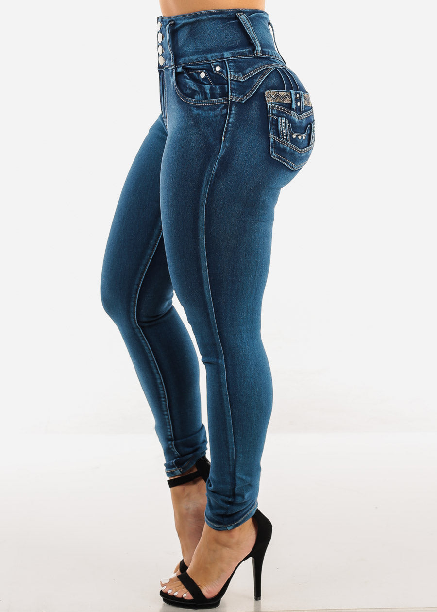 Butt Lift Super High Waist Skinny Jeans w Back Pocket Design