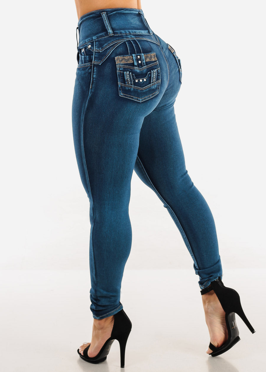 Butt Lift Super High Waist Skinny Jeans w Back Pocket Design