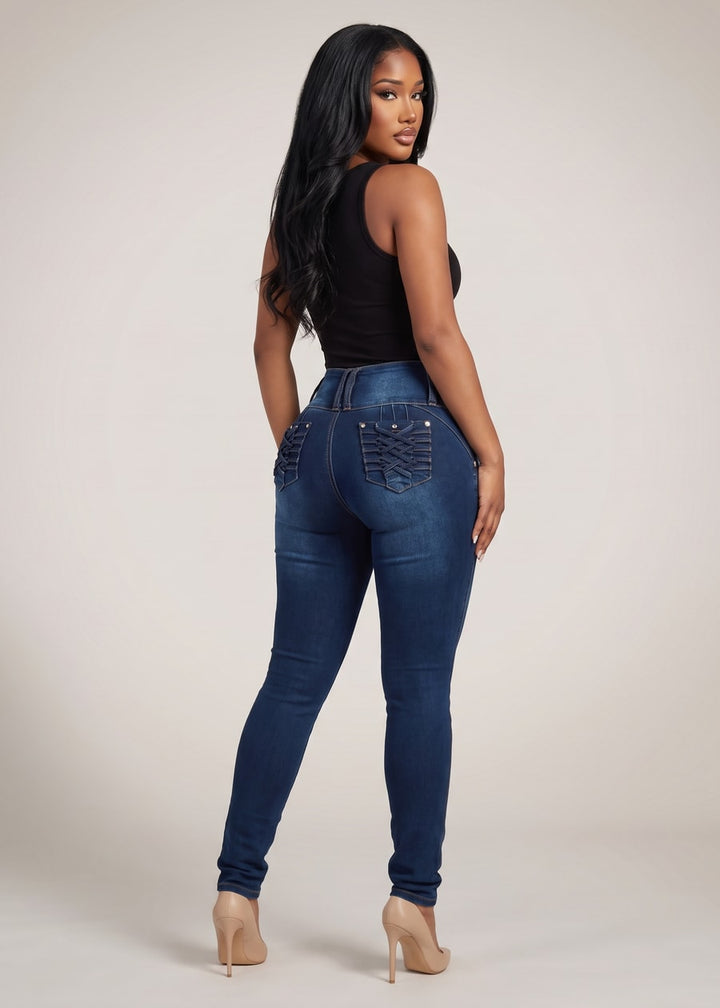 MX JEANS Braided Pocket Butt Lifting Dark Blue Skinny Jeans