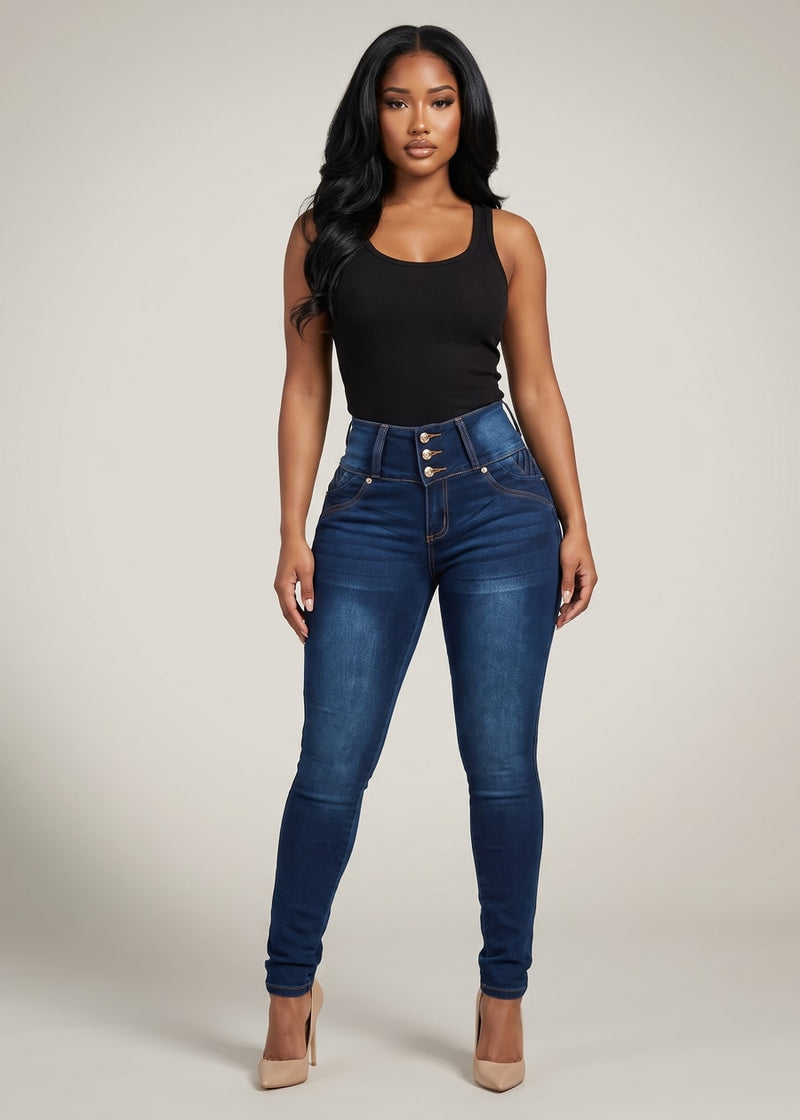 MX JEANS Braided Pocket Butt Lifting Dark Blue Skinny Jeans