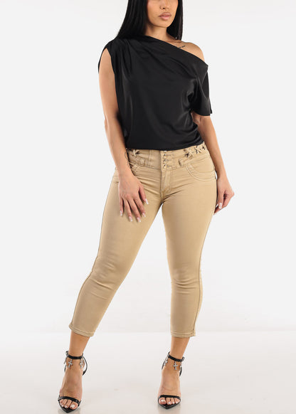 Butt Lift High Waist Denim Capris Khaki