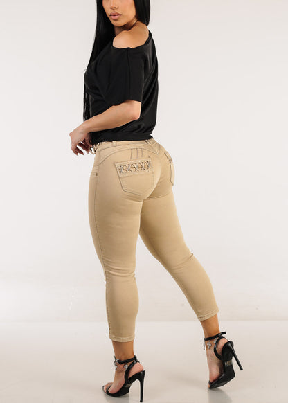 Butt Lift High Waist Denim Capris Khaki