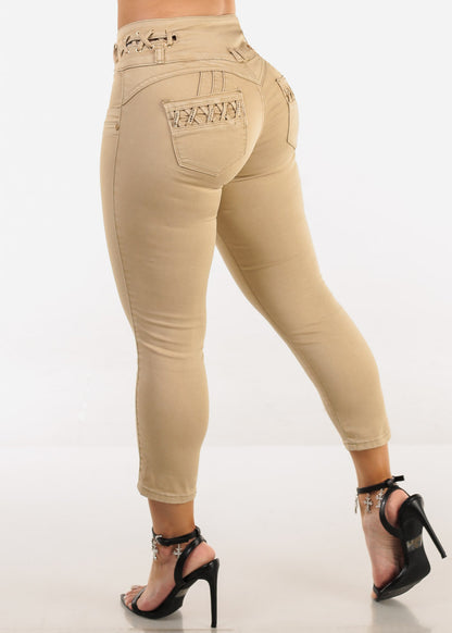Butt Lift High Waist Denim Capris Khaki