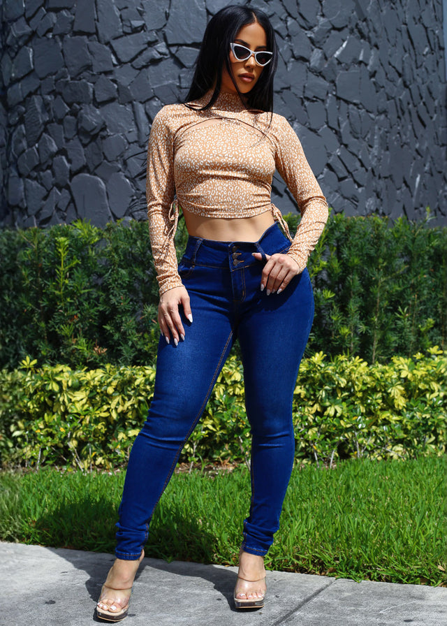 Butt Lift High Waist Chain Pocket Skinny Jeans Dark Blue