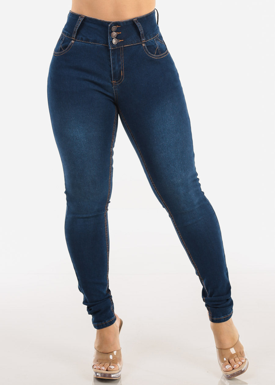 Butt Lift High Waist Chain Pocket Skinny Jeans Dark Blue