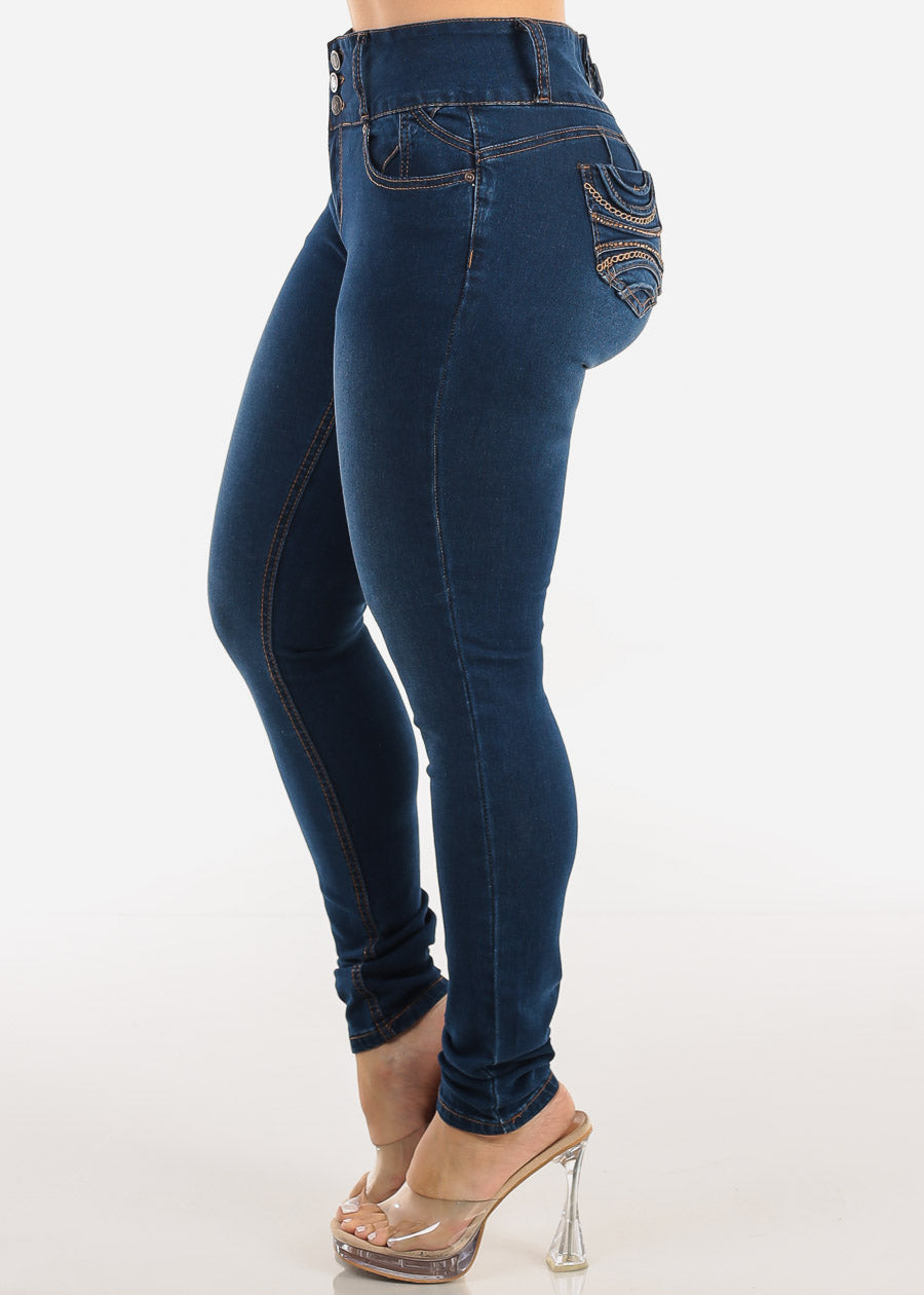 Butt Lift High Waist Chain Pocket Skinny Jeans Dark Blue