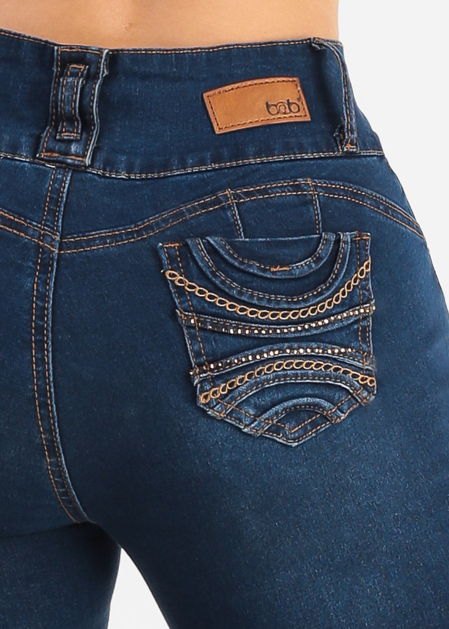 Butt Lift High Waist Chain Pocket Skinny Jeans Dark Blue