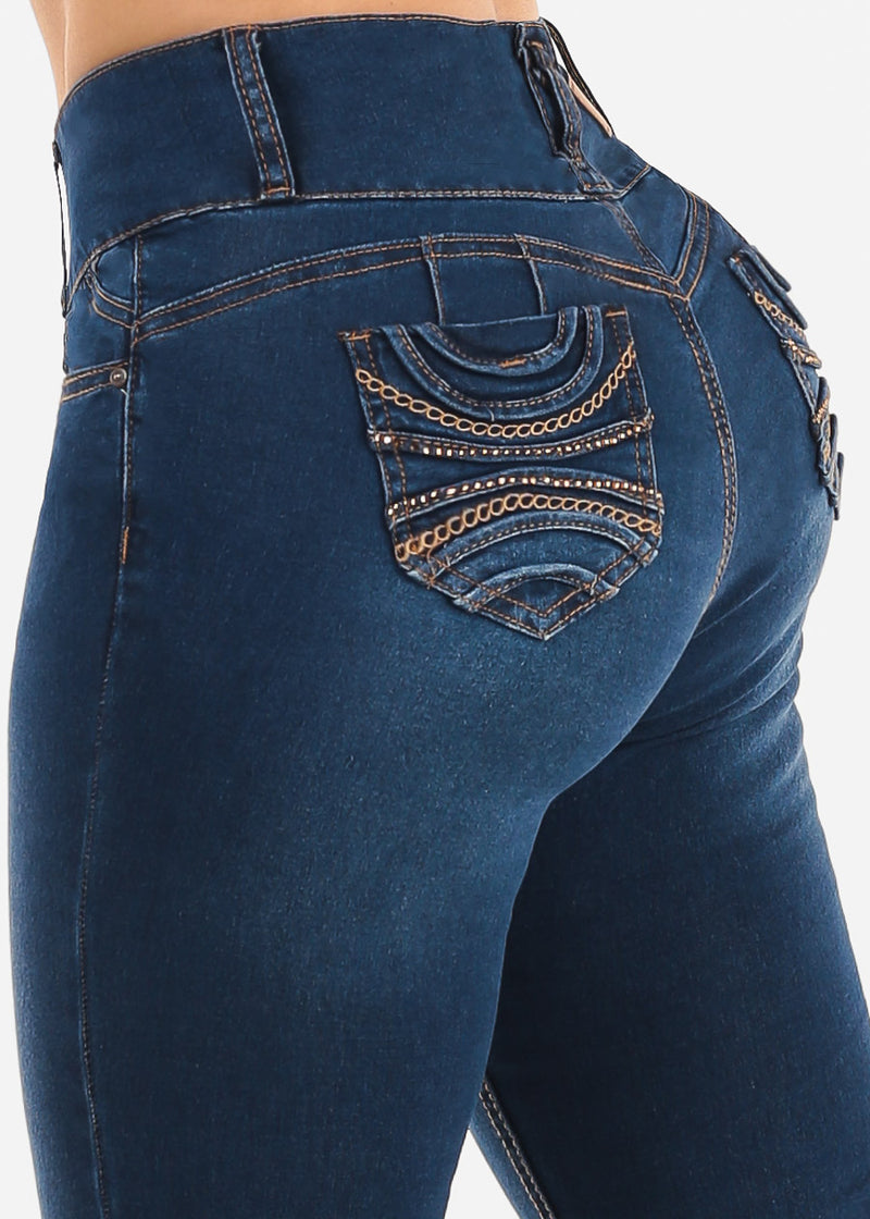 Butt Lift High Waist Chain Pocket Skinny Jeans Dark Blue