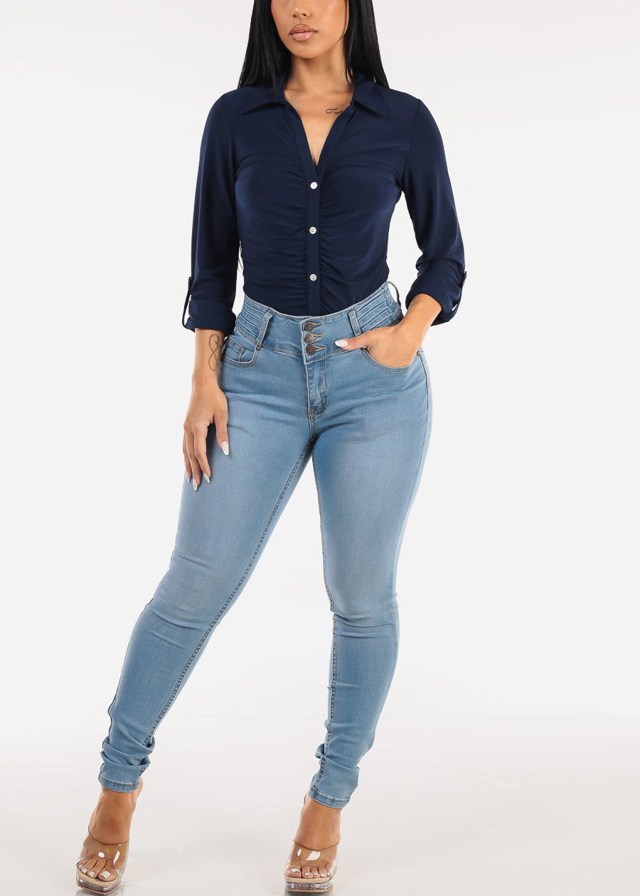Butt Lifting Mid Rise Stretch Skinny Jeans Light Blue